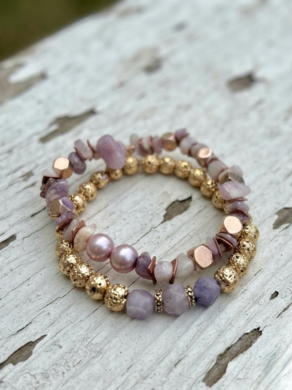 Lavender Quartz & Gold Lava Stone Beaded Stretchy Bracelet Set